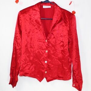 Red satin like button-up long sleeve shirt womens medium see description